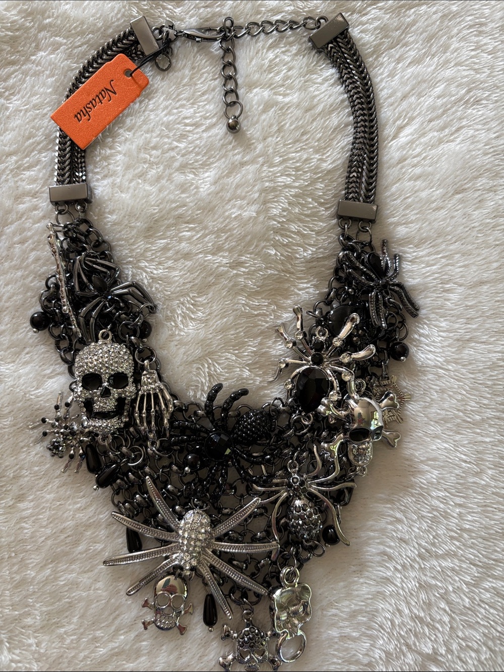 Natasha Gunmetal Black Crystal Skull & Spider Statement Necklace